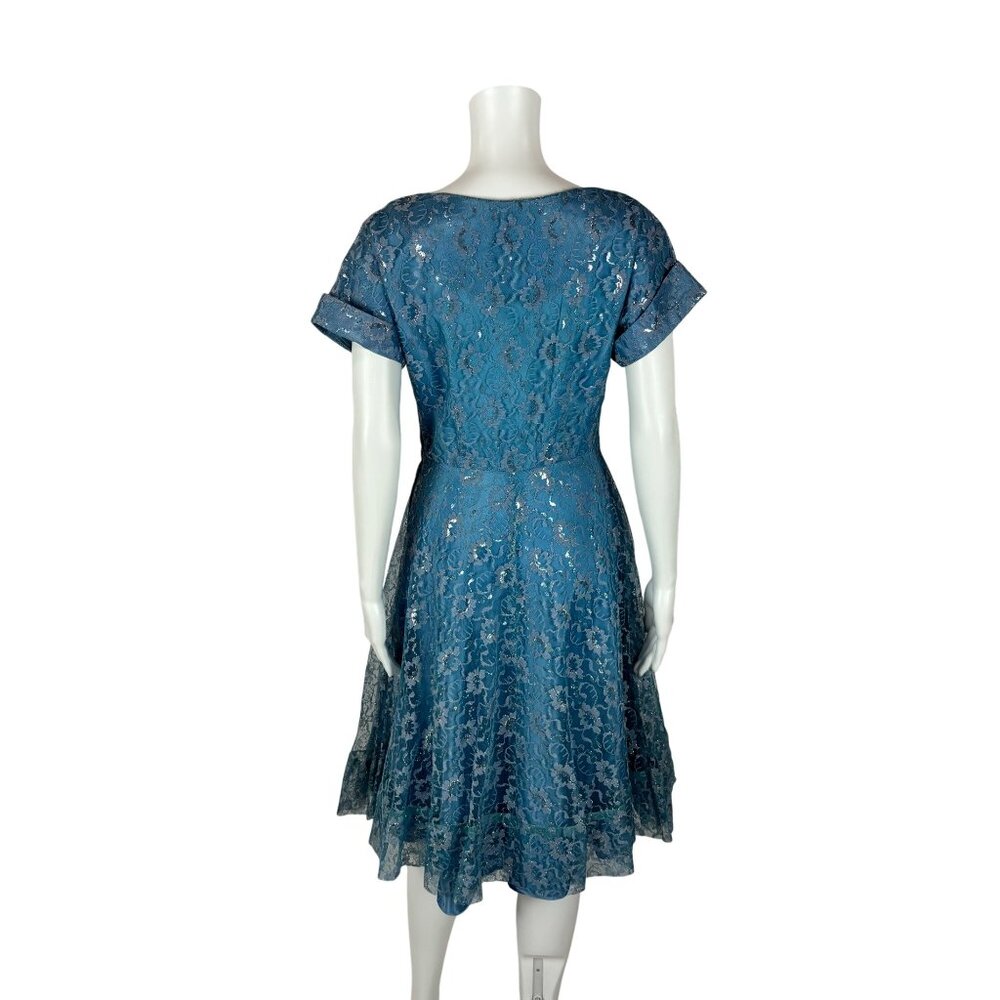 Vintage 50s Lace Dress Women's Small Blue Silver Cinderella Party Fit & Flare - Picture 9 of 11
